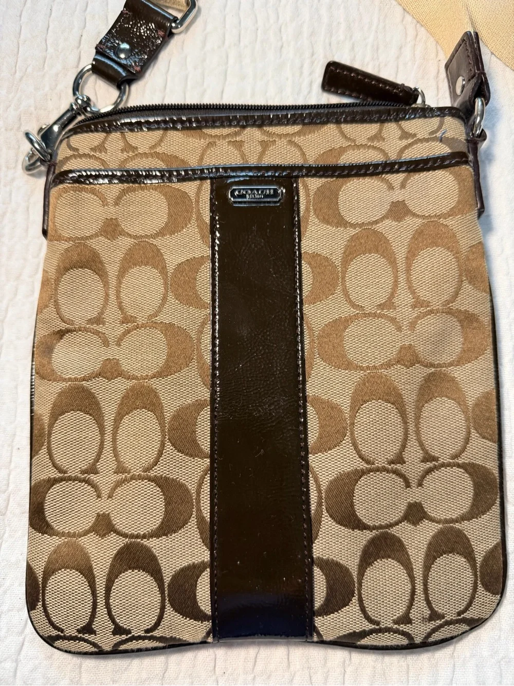 Coach Brown Signature Canvas Messenger Bag with Tan Strap
